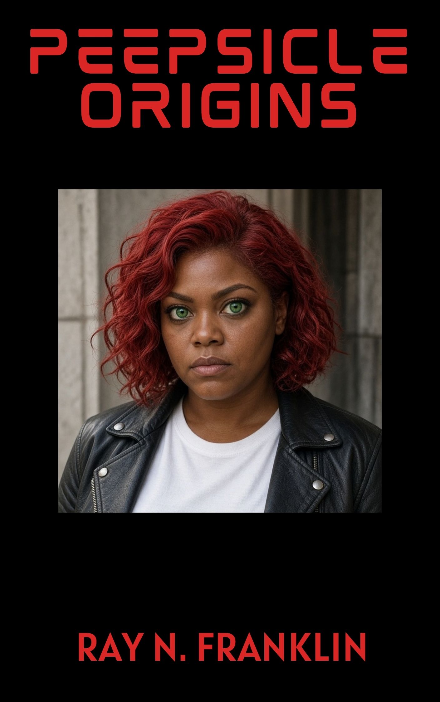 Cover of Peepsicle Origins, young woman has milk chocolate brown skin, green eyes, and red wavy hair. She wears a white t-shirt and a zippered black leather jacket with silver buttons on collar tabs. Cover background is black. Image background is shades of gray.